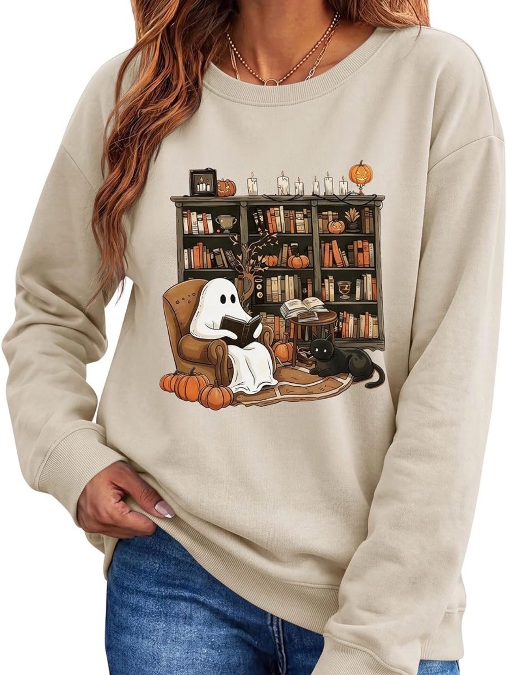 Cozy Ghost & Pumpkin Reading Sweatshirt - Beige